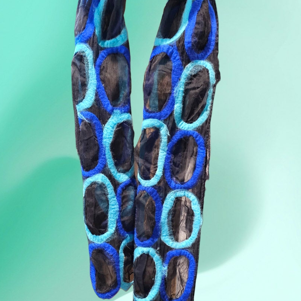 Merino Wool and Silk Elegant Blue and Black Circle Scarf